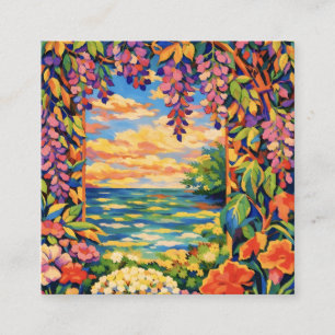 Vibrant Coastal Garden Window – Fauvist Botanical Square Business Card