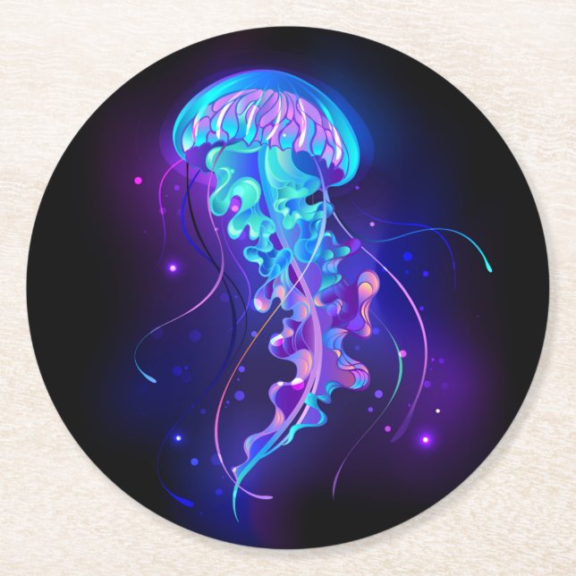 Vibrant Color Glowing Jellyfish Round Paper Coaster (Front)