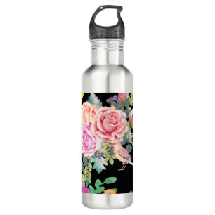 Vibrant Colorful Birds and Flowers Art on Black 710 Ml Water Bottle