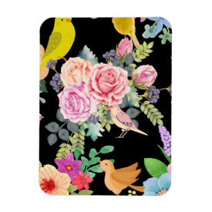 Vibrant Colorful Birds and Flowers Art on Black Magnet