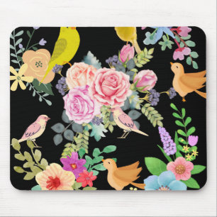 Vibrant Colorful Birds and Flowers Art on Black Mouse Pad