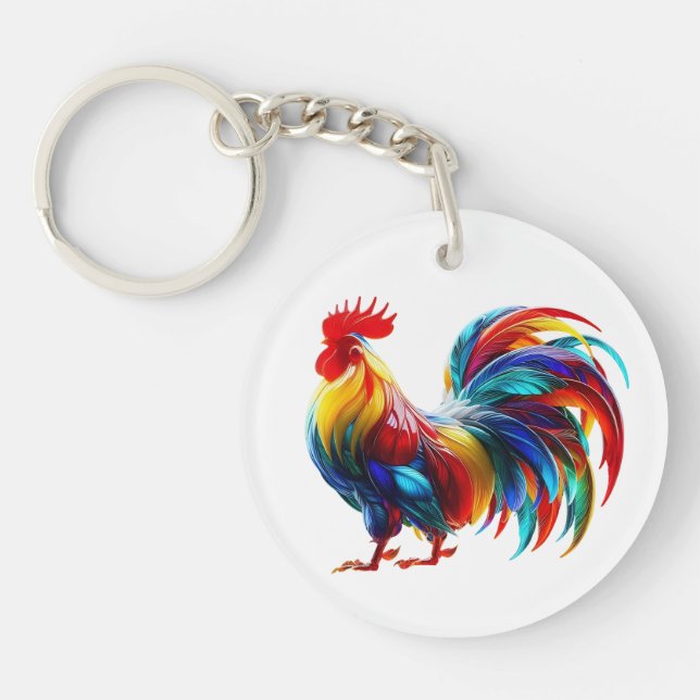 Vibrant Colorful Rooster Art Key Ring (Front)