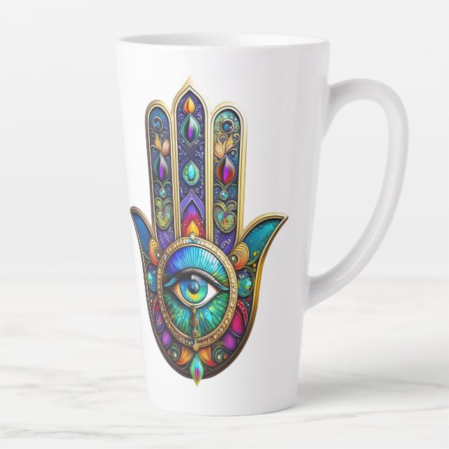 Vibrant Colors Hamsa Turquoise Yellow Third Eye  Latte Mug (Right)