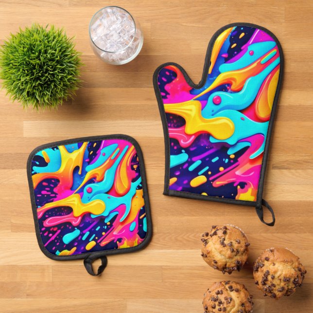 Vibrant Colour Chaos Art Oven Mitt & Pot Holder Set (Top Down)