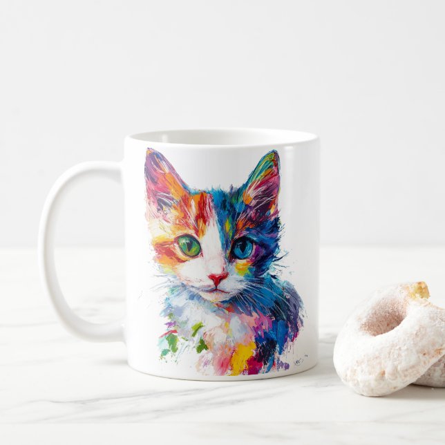 Vibrant Colour Cute Cat Face Mug - Cat Lover Gift (With Donut)