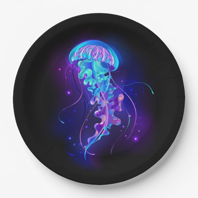 Vibrant Colour Glowing Jellyfish Paper Plate (Front)