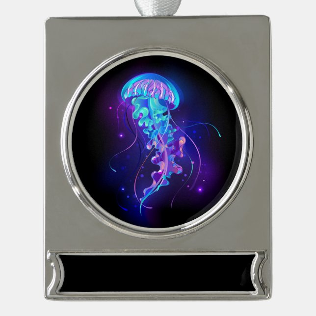 Vibrant Colour Glowing Jellyfish Silver Plated Banner Ornament (Front)