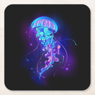 Vibrant Colour Glowing Jellyfish Square Paper Coaster