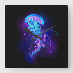 Vibrant Colour Glowing Jellyfish Square Wall Clock