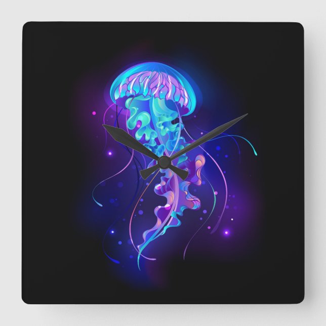 Vibrant Colour Glowing Jellyfish Square Wall Clock (Front)