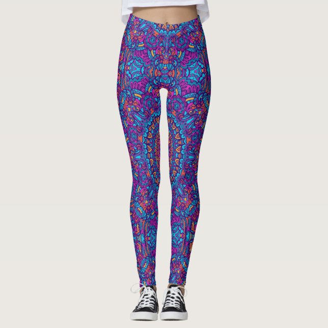 Vibrant Colour Mandala Geometric Yoga Hip Retro Leggings (Front)