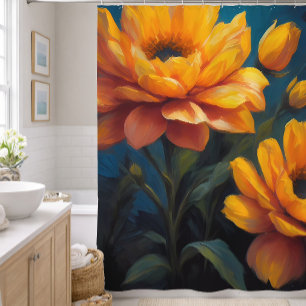 Vibrant Colour Yellow Orange Flowers on Blue Shower Curtain