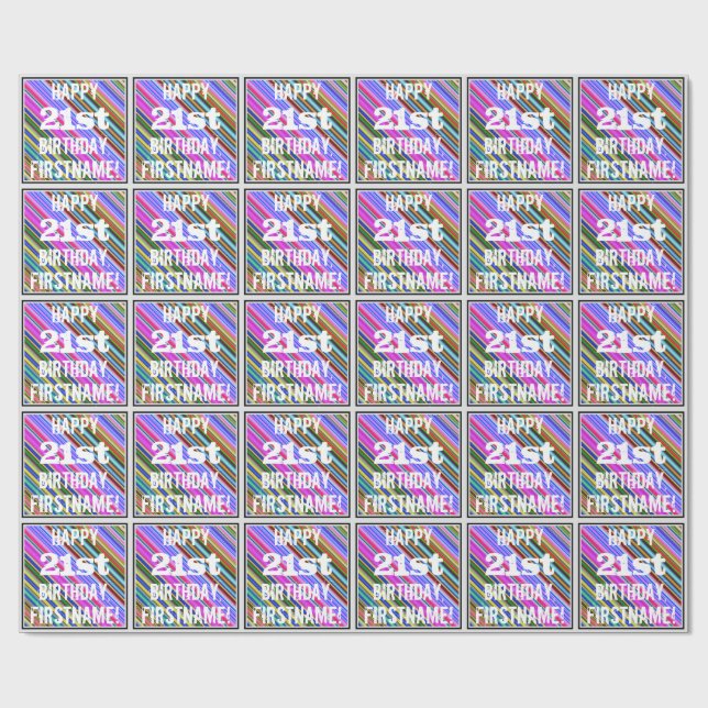 Vibrant, Colourful 21st Birthday + Custom Name Wrapping Paper (Flat)