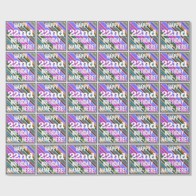 Vibrant, Colourful 22nd Birthday + Custom Name Wrapping Paper (Flat)