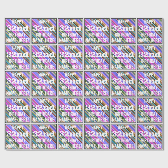 Vibrant, Colourful 32nd Birthday + Custom Name Wrapping Paper (Flat)