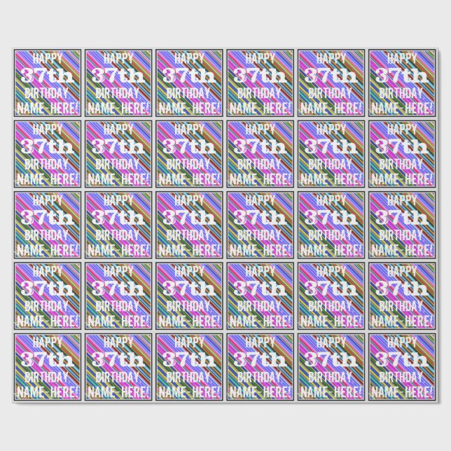 Vibrant, Colourful 37th Birthday + Custom Name Wrapping Paper (Flat)