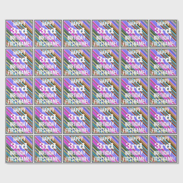 Vibrant, Colourful 3rd Birthday + Custom Name Wrapping Paper (Flat)