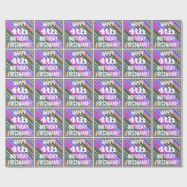 Vibrant, Colourful 4th Birthday + Custom Name Wrapping Paper (Flat)