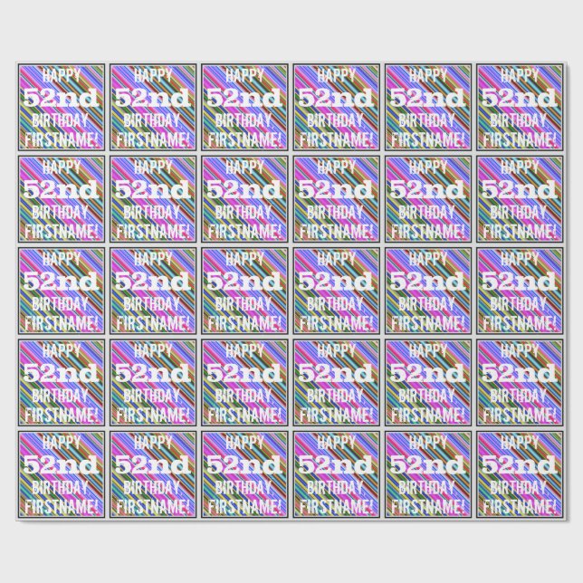 Vibrant, Colourful 52nd Birthday + Custom Name Wrapping Paper (Flat)
