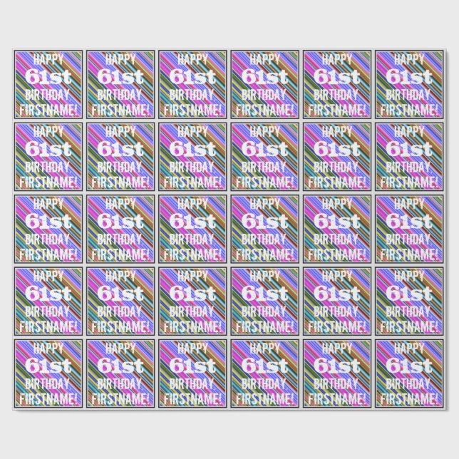 Vibrant, Colourful 61st Birthday + Custom Name Wrapping Paper (Flat)
