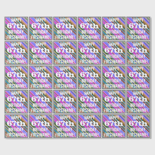 Vibrant, Colourful 67th Birthday + Custom Name Wrapping Paper (Flat)