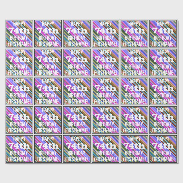 Vibrant, Colourful 74th Birthday + Custom Name Wrapping Paper (Flat)