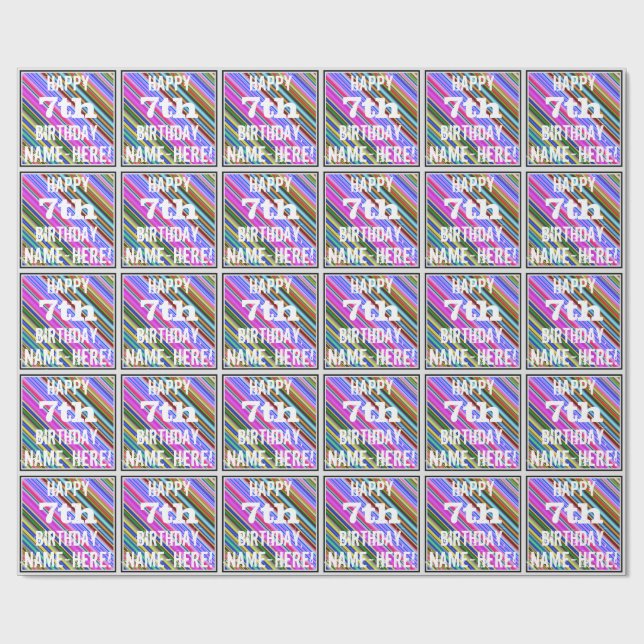 Vibrant, Colourful 7th Birthday + Custom Name Wrapping Paper (Flat)