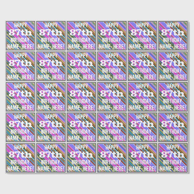 Vibrant, Colourful 87th Birthday + Custom Name Wrapping Paper (Flat)