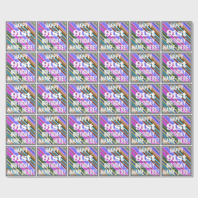 Vibrant, Colourful 91st Birthday + Custom Name Wrapping Paper (Flat)