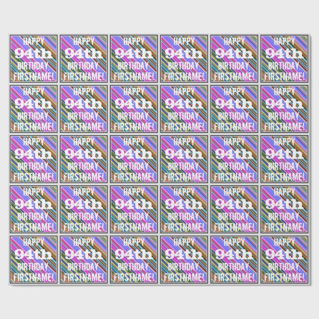 Vibrant, Colourful 94th Birthday + Custom Name Wrapping Paper (Flat)