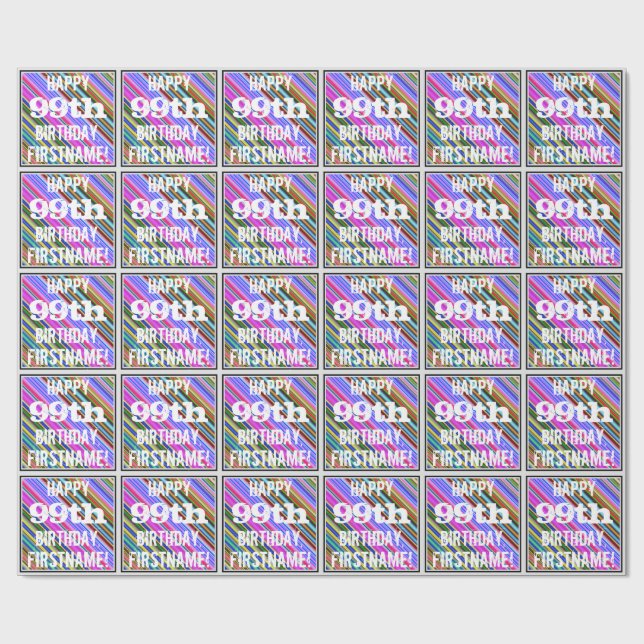 Vibrant, Colourful 99th Birthday + Custom Name Wrapping Paper (Flat)