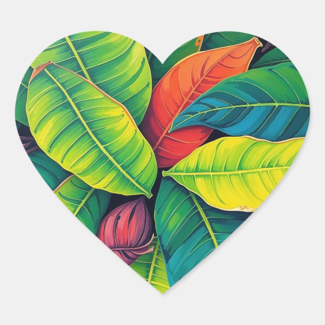 Vibrant Colourful Banana Foliage Pattern Heart Sticker (Front)