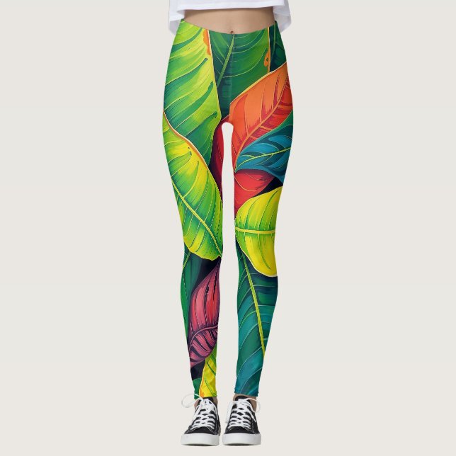 Vibrant Colourful Banana Foliage Pattern Leggings (Front)