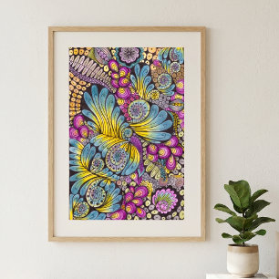 Vibrant Colourful Boho Floral Feather Doodle Art Poster