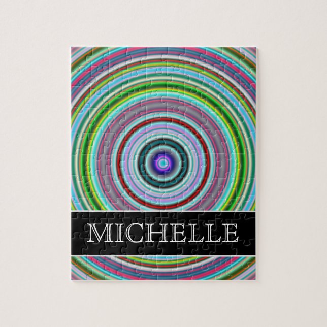 Vibrant Colourful Circles/Rings Pattern + Name Jigsaw Puzzle (Vertical)