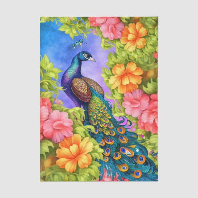 Vibrant Colourful Floral Peacock Decoupage Tissue Paper (Front)