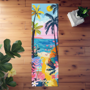 Vibrant Colourful Illustration of Tropical Beach Yoga Mat