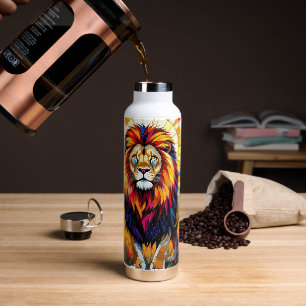 Vibrant Colourful Lion Mosaic   Water Bottle