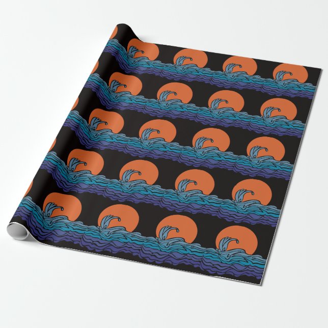 Vibrant, colourful ocean waves & sunset wrapping paper (Unrolled)