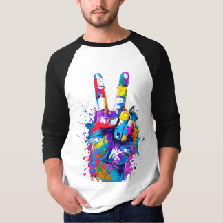 Vibrant Colourful Peace Sign Hand Digital Art T-Shirt
