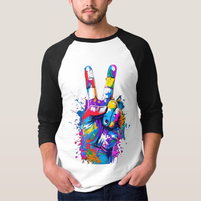 Vibrant Colourful Peace Sign Hand Digital Art  T-Shirt (Front)