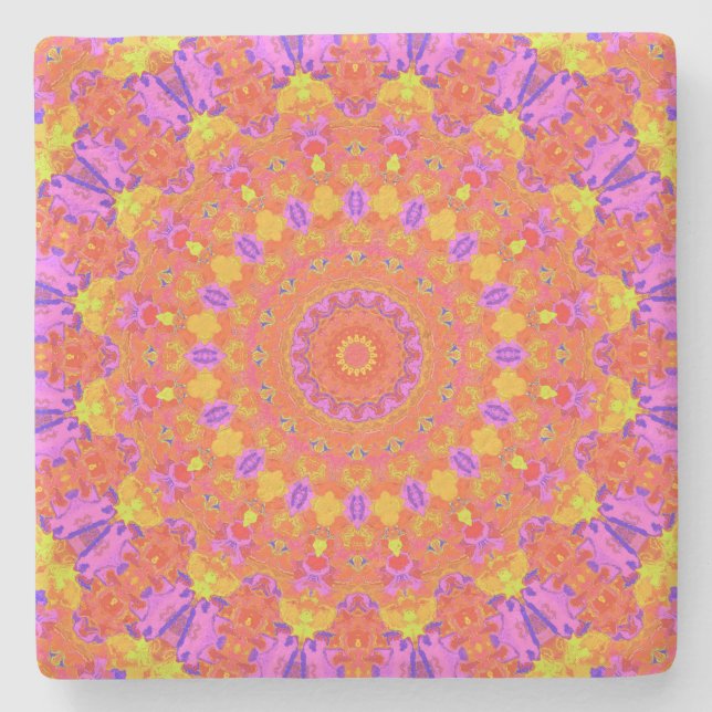 Vibrant Colourful Psychedelic Abstract Kaleidoscop Stone Coaster (Front)