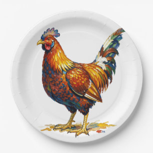 Vibrant Colourful Rooster Illustration Artwork Paper Plate