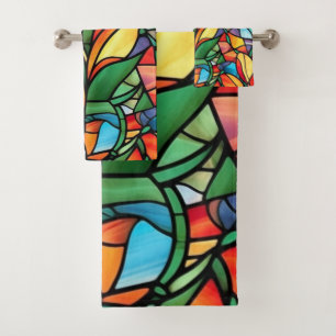Vibrant Colourful Stained Glass Abstract Floral Bath Towel Set