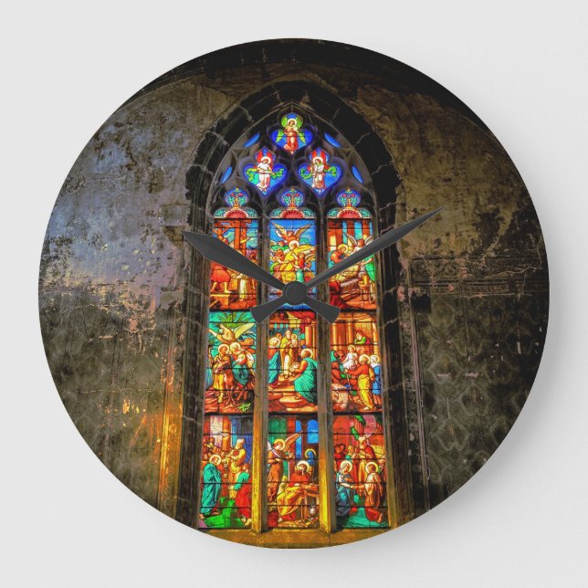 Vibrant Colourful Stained Glass Window Large Clock (Front)