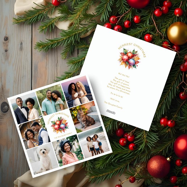 Vibrant Colourful Stylish Collage 8 Photos Family  Holiday Card (Vibrant Colorful Stylish Collage 8 Photos Family Christmas Holiday Cards with Christmas Balls.)
