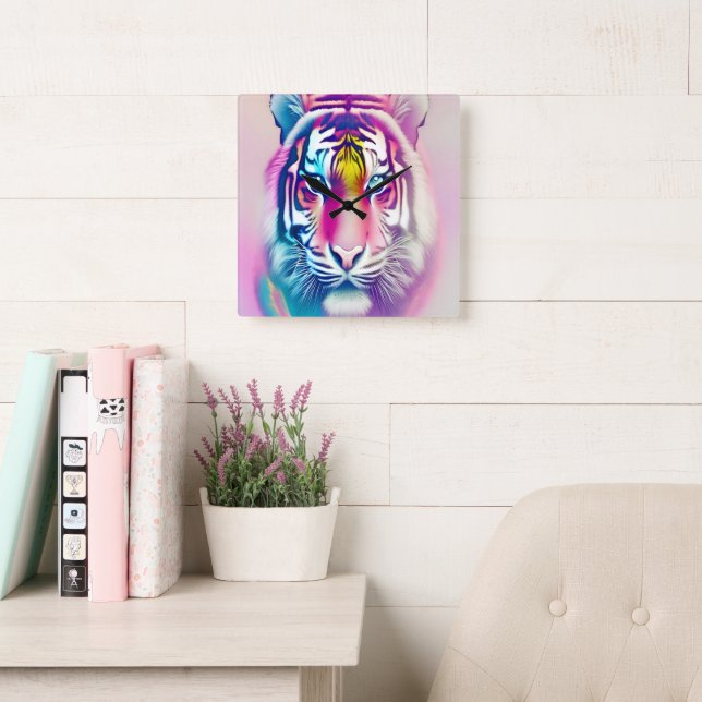 Vibrant Colourful Tiger Face Bold Modern Wildlife  Square Wall Clock (Reading Room)