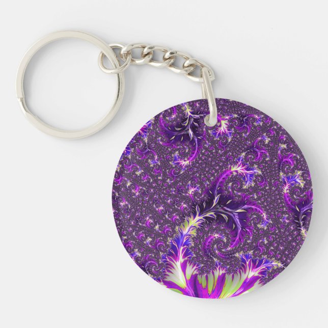 Vibrant Colourful Trippy Groovy Boho Spiral Fracta Key Ring (Front)