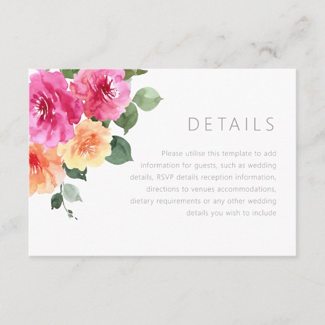 Vibrant Colourful Watercolor Floral Wedding Detail Enclosure Card (Front)