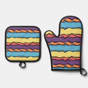 Vibrant Colourful Wavy Stripes Oven Mitt & Pot Holder Set